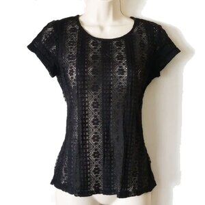 Loft Crochet Lace Cap Sleeve Top XS Exposed Back Zipper Black